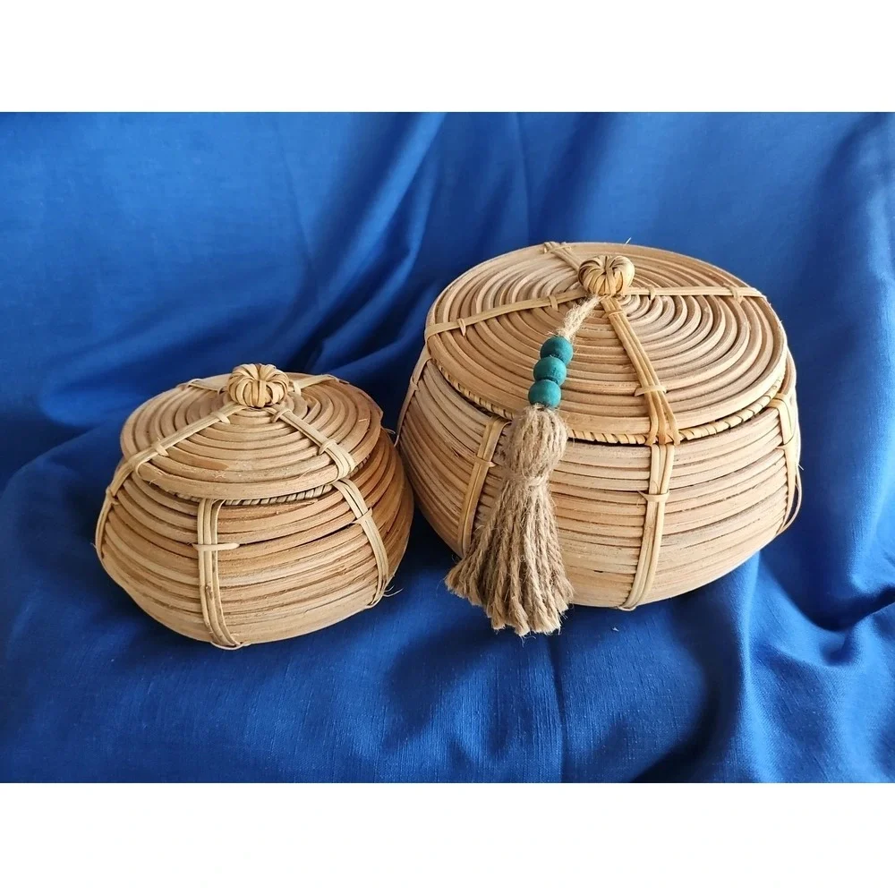 2 Woven Rattan Lidded Nesting Storage Baskets 7